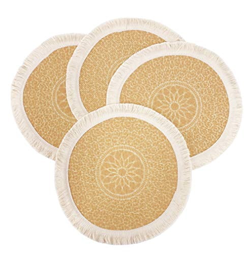 Fennco Styles Unique Dream Catcher Fringe Cotton Placemats 14-inch Round, Set of 4 - Yellow Decorative Boho Table Mats for Home Decor, Dining Table, Banquets and Special Events