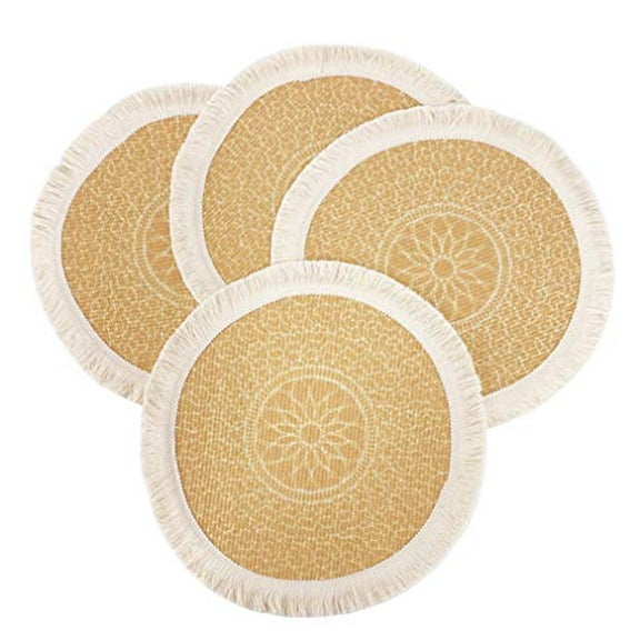 Fennco Styles Unique Dream Catcher Fringe Cotton Placemats 14-inch Round, Set of 4 - Yellow Decorative Boho Table Mats for Home Decor, Dining Table, Banquets and Special Events