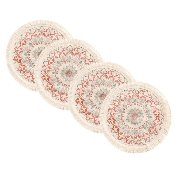 Fennco Styles Vintage Floral Boho Fringe Cotton Placemats 13" Round, Set of 4 - Multicolored Woven Heat Resistant Insulation Table Mats for Home, Kitchen Décor, Dining Table, Banquets, Holidays