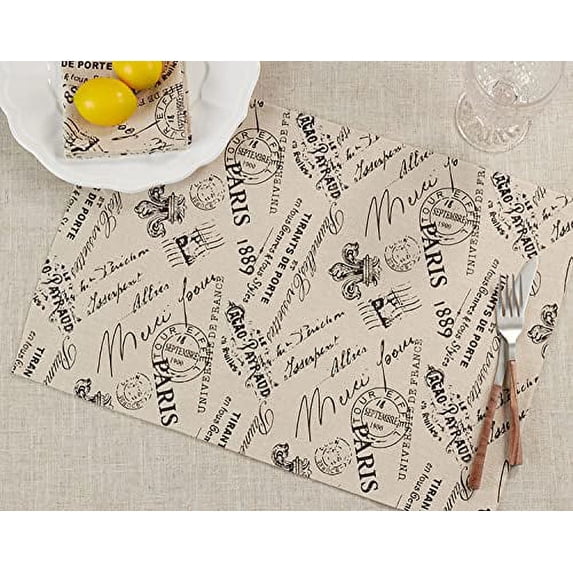 Fennco Styles Vintage Paris Printed Linen Blend Placemats 14" W x 20" L, Set of 4 - Natural Table Mats for Home, Dining Table, Banquet, Family Gathering and Special Occasion