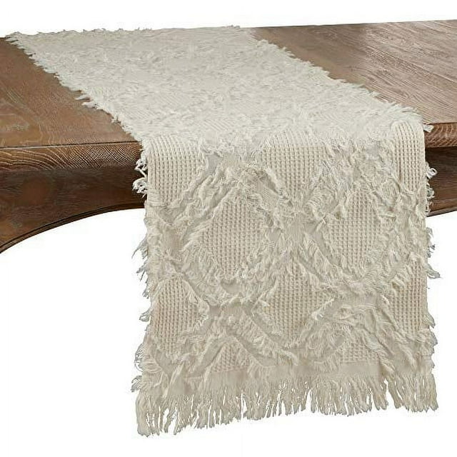 Fennco Styles Waffle Weave Modern Cotton Ivory Table Runner with Fringe – 16”W x 54”L Table Cover for Home Décor, Dining Table, Banquets, Holidays and Special Occasions
