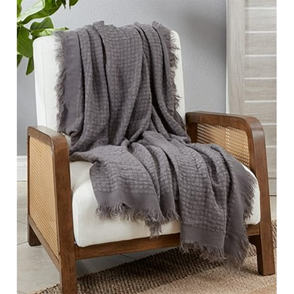 Fennco Styles Waffle Weave Solid Lightweight Throw Blanket with Fringe 50" W x 60" L - Slate Blanket for Sofa, Couch, Living Room and Bedroom Décor