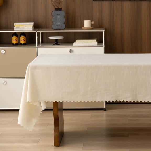 Fennco Styles Wave Border Solid Tablecloth 56" W X 96" L - Beige Woven Textured Table Cover for Everyday Use, Holiday Décor, Banquet, Family Gatherings, and Special Occasion