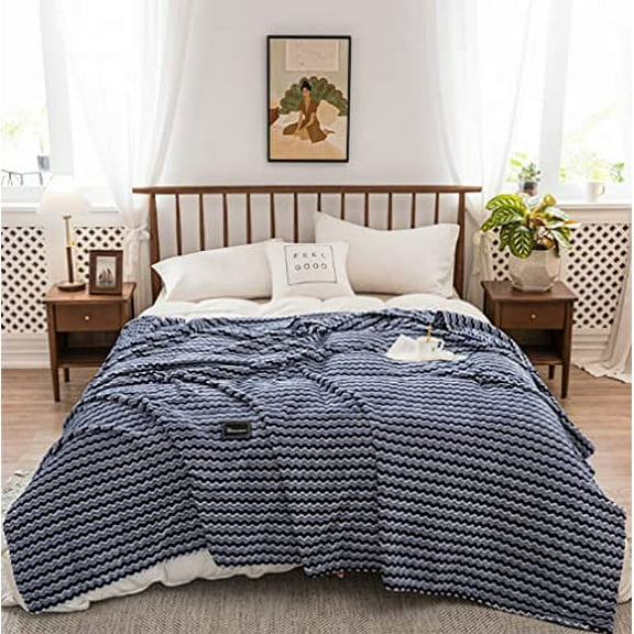 Fennco Styles Waves Design Plush Extra Warm and Soft Throw Blanket 59" W x 79" L - Navy Blue Flannel Fleece Large Blanket for Couch, Bedroom, Living Room Décor