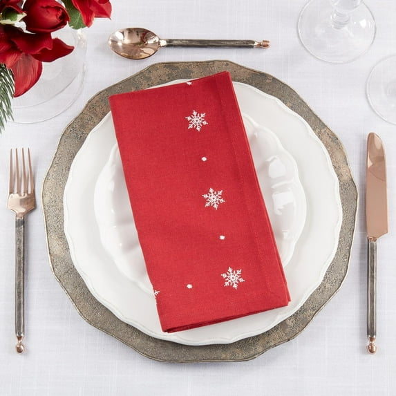 Fennco Styles White Embroidered Snowflake Christmas Cloth Napkins 20" W x 20" L, Set of 4 - Red Cotton Dinner Napkins for Winter Holidays, Home Décor and Family Gatherings …
