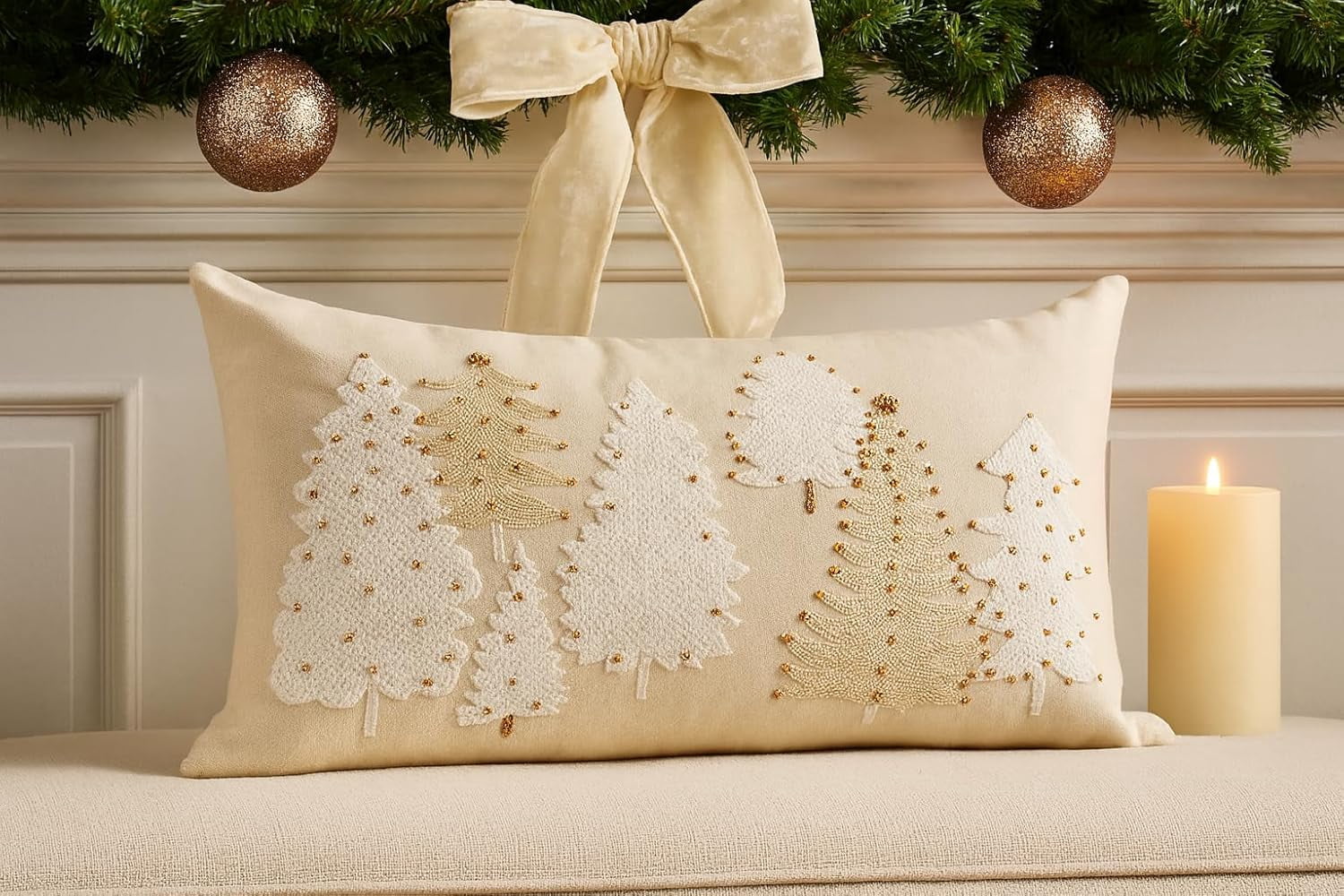 Fennco Styles White Embroidery Christmas Tree Decorative Throw Pillow 12" x 20" – Festive Holiday Cushion with Beaded Accents for Winter Festivals, Sofa, Couch, Bed & Living Room Décor