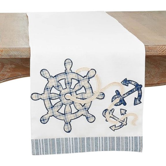 Fennco Styles White Helm & Anchor Table Runner 14" W x 72" – Nautical Design Table Runner for Home, Seaside Dining, Beach House, Themed Party Décor and Special Events