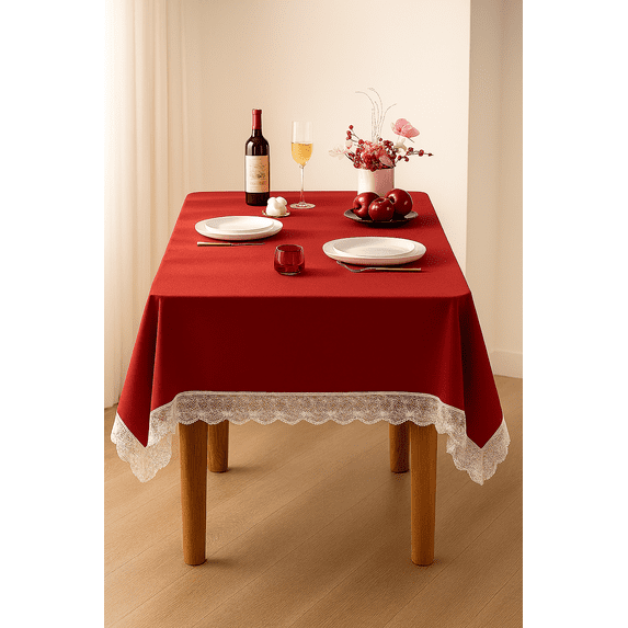 Fennco Styles White Lace Trimmed Red Holiday Cotton Woven Tablecloth 58" W x 96" L - Solid Color Table Cover for Christmas, Wedding Décor, Banquets and Family Gatherings