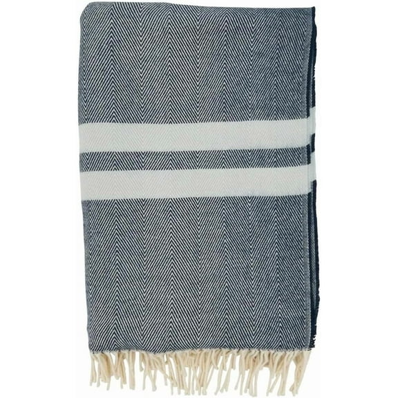 Fennco Styles White Striped Herringbone Throw Blanket with Fringe 50" W x 60" L – Navy Blue Cozy Blanket for Home, Couch, Bedroom, Living Room, Office, and Holiday Décor