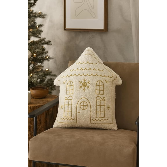 Fennco Styles Winter House Plush Throw Pillow 18" x 16" Whtie Cozy Christmas Decorative Cushion with Gold Embroidery, Holiday Accent Pillow for Sofa, Bed & Living Room Dcor