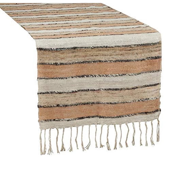 Fennco Styles Woven Chindi Striped Fringe 100% Cotton Table Runner 16 x 72 Inch - Natural Table Cover for Home Décor, Dining Table, Banquets, Family Gathering, Special Occasion