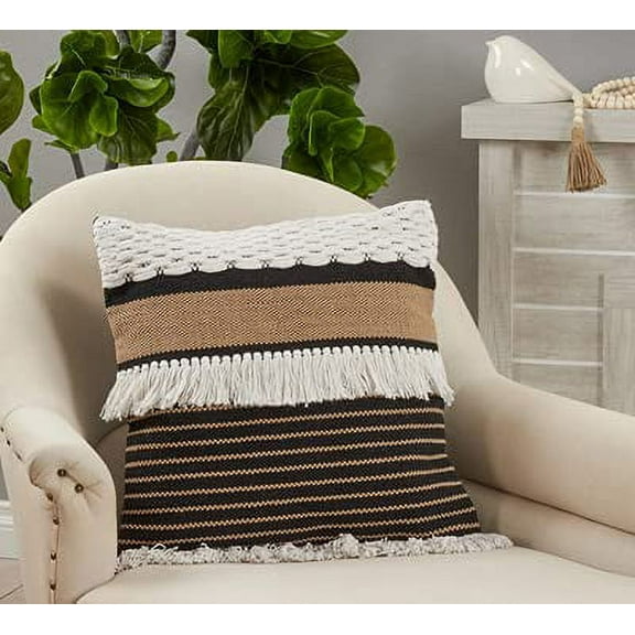 Fennco Styles Woven Fringe Braided Cotton Decorative Throw Pillow Cover 20" W x 20" L - Black & White Textured Cushion Case for Home, Couch, Bedroom, Living Room, Office and Boho Décor