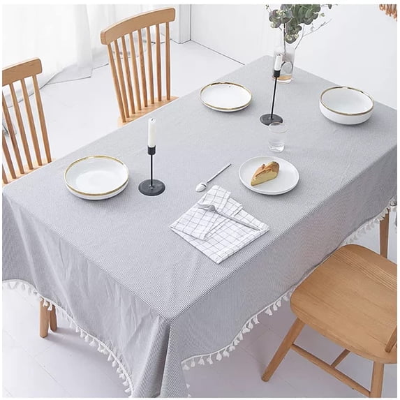 Fennco Styles Woven Gingham Tassel Cotton Tablecloth 40" W x 56" L - Beige Checkered Rectangle Table Cover for Everyday Use, Home, Dining Table Décor, Banquets, Farmhouse, Special Events