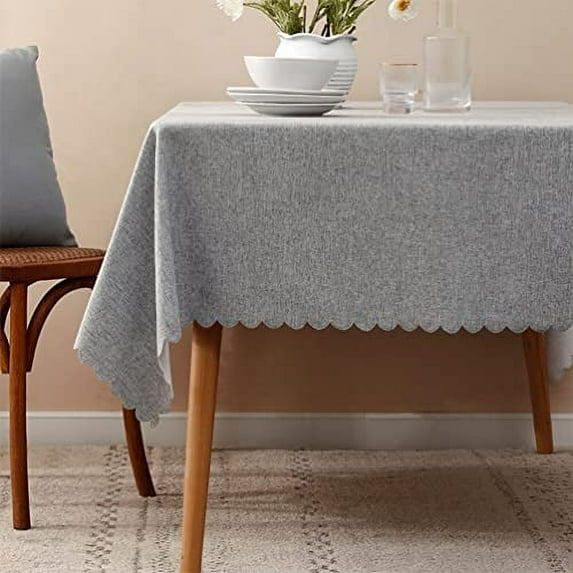 Fennco Styles Woven Solid Color Scalloped Tablecloth 56" W x 40" L - Grey Wrinkle-Free, Heat-Resistant Washable Table Cover for Everyday Use, Holidays, Indoor Outdoor Events and Special Occasions