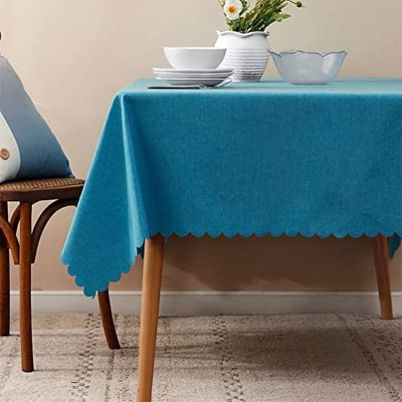 Fennco Styles Woven Solid Color Scalloped Tablecloth 56" W x 80" L - Teal Wrinkle-Free, Heat-Resistant Washable Table Cover for Everyday Use, Holidays, Indoor Outdoor Events and Special Occasions