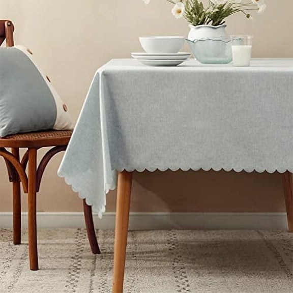 Fennco Styles Woven Solid Color Scalloped Tablecloth 56"W x 88"L - Light Blue Wrinkle-Free, Heat-Resistant Washable Table Cover for Everyday Use, Holidays, Indoor Outdoor Events and Special Occasions