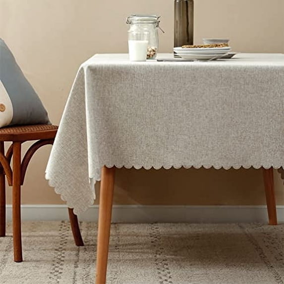 Fennco Styles Woven Solid Color Scalloped Tablecloth 56" W x 88" L - Natural Wrinkle-Free, Heat-Resistant Washable Table Cover for Everyday Use, Holidays, Indoor Outdoor Events and Special Occasions