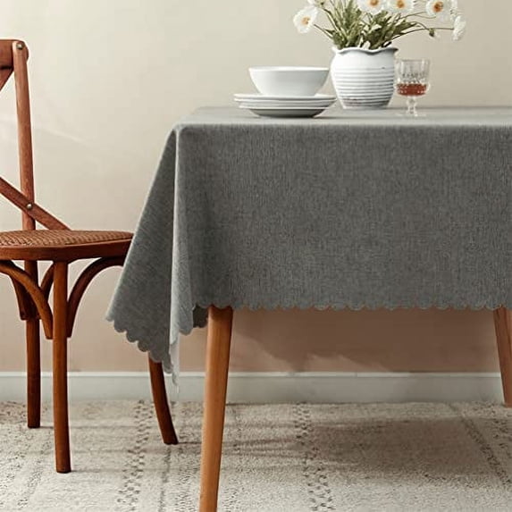 Fennco Styles Woven Solid Color Scalloped Tablecloth 56" W x 88" L - Slate Wrinkle-Free, Heat-Resistant Washable Table Cover for Everyday Use, Holidays, Indoor Outdoor Events and Special Occasions