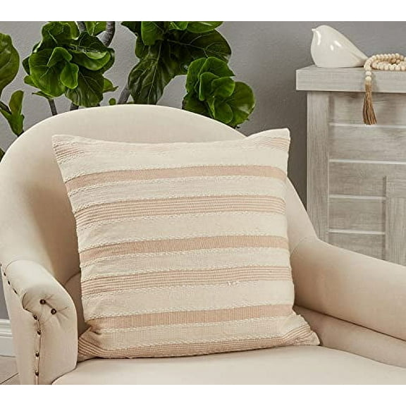 Fennco Styles Woven Striped Decorative Cotton Throw Pillow Cover 22"W x22"L - Ivory Cushion Case for Home, Couch, Living Room, Bedroom, Office and Holiday Décor