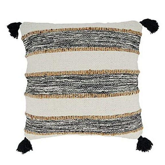 Fennco Styles Woven Striped Tassel Cotton Jute Decorative Throw Pillow Cover 20" W x 20" L - Black & White Textured Cushion Case for Home, Couch, Bedroom, Living Room and Office Décor