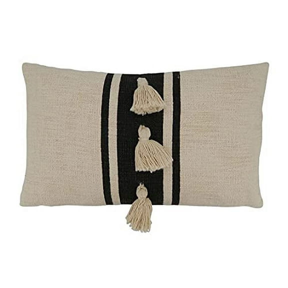 Fennco Styles Woven Striped Tassel Decorative Cotton Throw Pillow Cover 12" W x 20" L - Black Textured Cushion Case for Home, Couch, Bedroom, Living Room and Office Décor