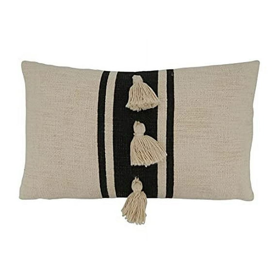 Fennco Styles Woven Striped Tassel Decorative Cotton Throw Pillow Cover 12" W x 20" L - Black Textured Cushion Case for Home, Couch, Bedroom, Living Room and Office Décor