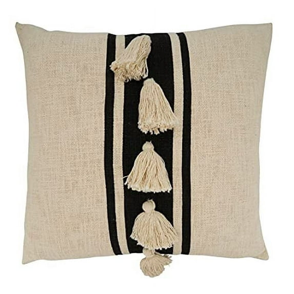 Fennco Styles Woven Striped Tassel Decorative Cotton Throw Pillow Cover 20" W x 20" L - Black Textured Cushion Case for Home, Couch, Bedroom, Living Room and Office Décor