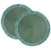 Fennco Styles Woven Textured Placemats with Fringe 15 Inches Round, Set of 2 – Green Braided Table Mats for Home, Dining Room Décor, Banquets, Indoor & Outdoor, Everyday Use and Special Events