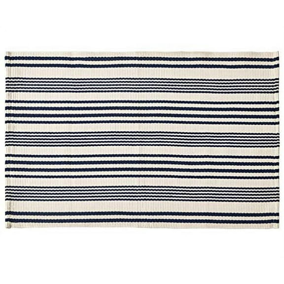 Fennco Styles Woven Ticking Striped Area Rug 24" W x 51" L - Navy Blue Cotton Blend Carpet Indoor Outdoor Floor Mat for Living Room, Entryway, Bedroom and Floor Décor