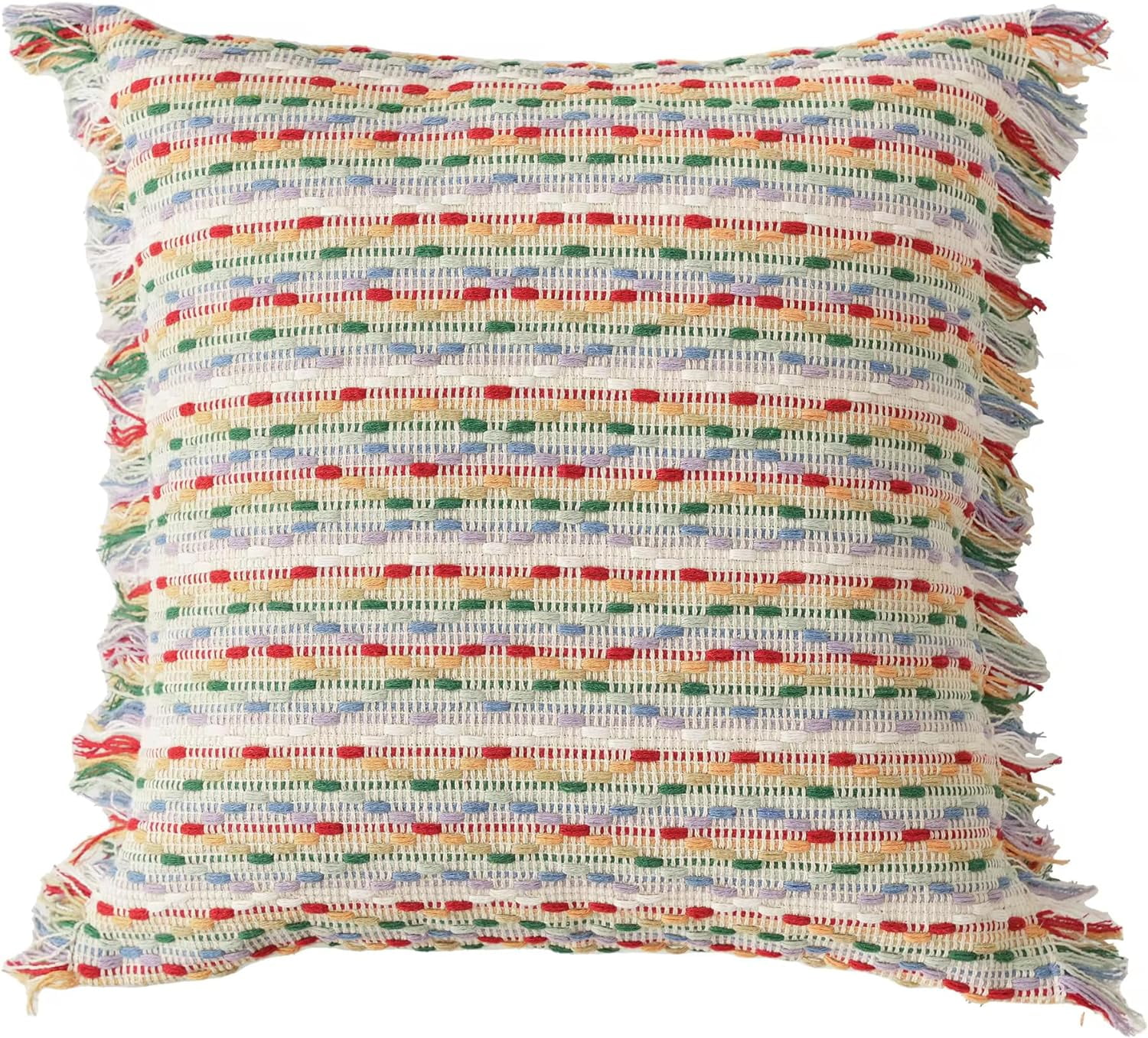 Multicolor Cotton Jacquard Striped Fringe Pillow Cover 18" x 18"