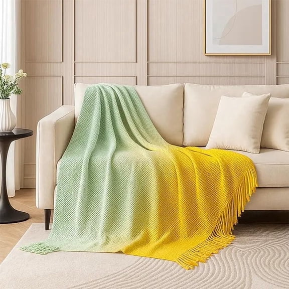 Fennco Styles Yellow Gradient Ombré Throw Blanket with Tassel – Soft Woven Decorative Blanket for Couch, Sofa, or Bed – Cozy Lightweight Knitted Throw for All Seasons, 50" x 60"