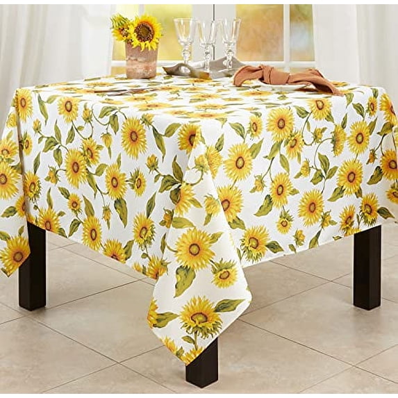 Fennco Styles Yellow Sunflower Print Tablecloth 70" W x 70" L - Garden Floral Table Cover for Home Décor, Dining Table, Banquet, Everyday Use, Family Gathering and Special Occasion