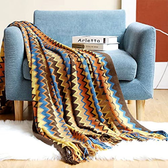 Fennco Styles Yellow Zigzag Soft Boho Throw Blanket with Tassel 50" W x 60" L - Colorful Crochet Chevron Tapestry Blanket for Indoor Outdoor Use, Couch, Bedroom, Living Room, Office Décor