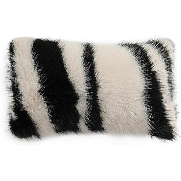 Fennco Styles Zebra Stripe Faux Fur Animal Design Decorative Filled Lumbar Throw Pillow 12" W x 20" L – White Plush Cushion for Couch, Bedroom, Living Room and Office Décor