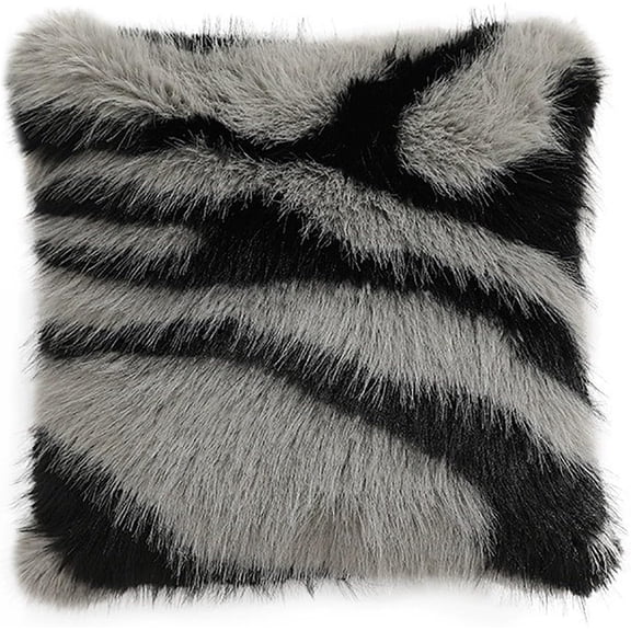 Fennco Styles Zebra Stripe Faux Fur Animal Design Decorative Filled Throw Pillow 18" W x 18" L – Grey Plush Cushion for Couch, Bedroom, Living Room and Office Décor