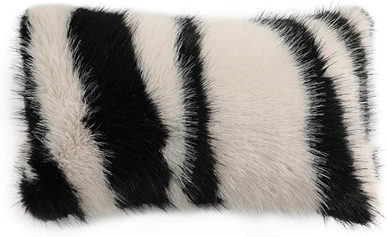 Fennco Styles Zebra Stripe Faux Fur Animal Design Decorative Lumbar Throw Pillow Cover 12" W x 20" L – White Plush Cushion Case for Couch, Bedroom, Living Room and Office Décor