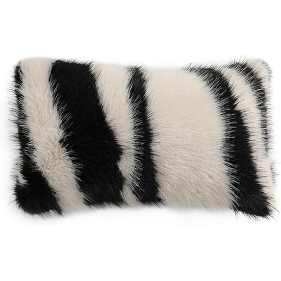 Fennco Styles Zebra Stripe Faux Fur Animal Design Decorative Lumbar Throw Pillow Cover 12" W x 20" L – White Plush Cushion Case for Couch, Bedroom, Living Room and Office Décor