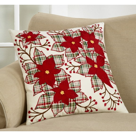 Fenncp Styles Contemporary Plaid Poinsettia Design 100% Cotton Decorative Throw Pillow Cover 20 x 20 Inch