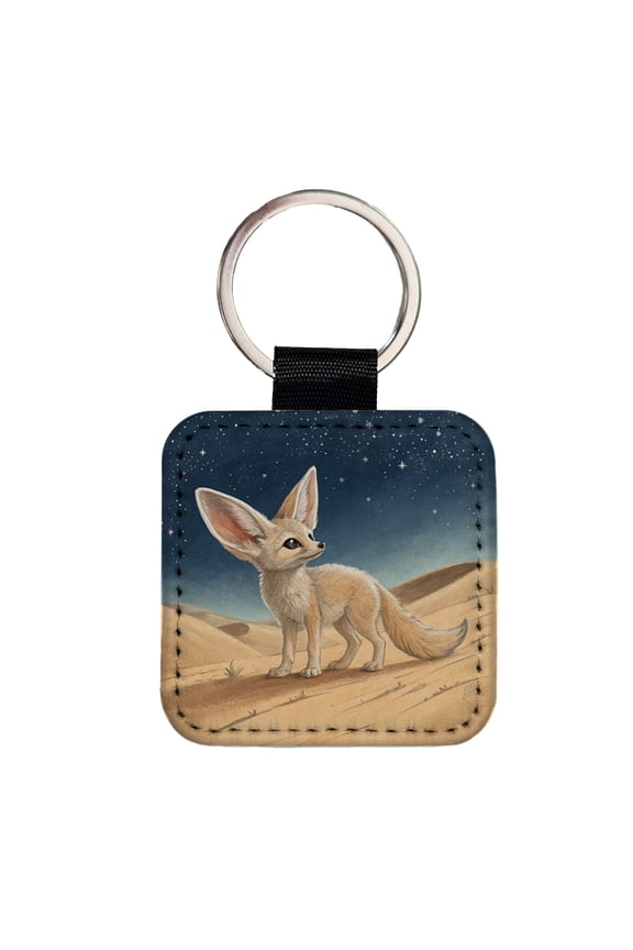 Fennec Fox Illustration Faux Leather Square Keychain
