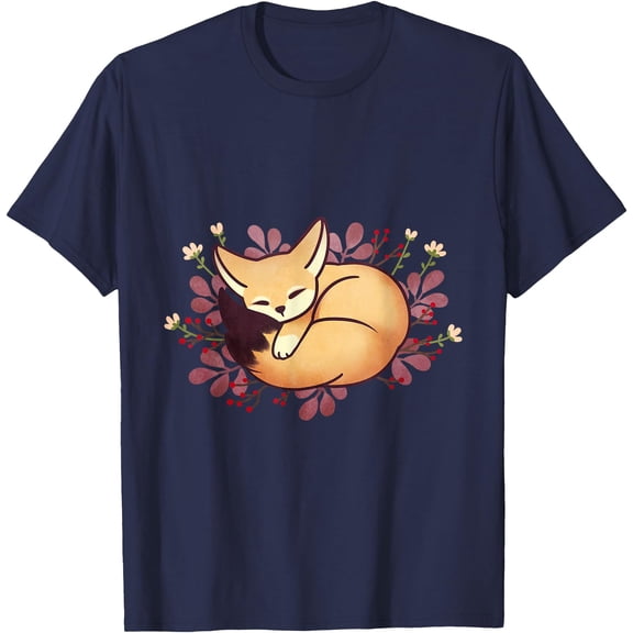 Fennec Fox Sleeping Cute Animal Unisex T-Shirt for Men Women Kids,Navy Color,Size M