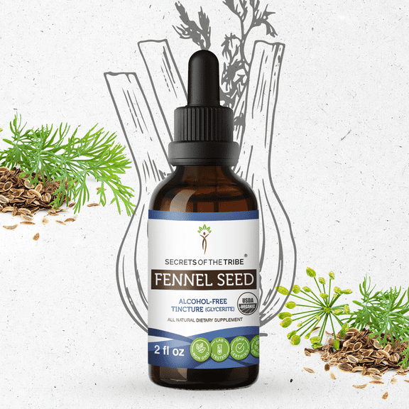 Secrets Of The Tribe Fennel Seed Organic Tincture Dietary Supplement, Natural Herbal Extract for Digestive Support, Certified Organic Fennel (Foeniculum vulgare) Dried Seed, Alcohol-Free Extract 2 oz