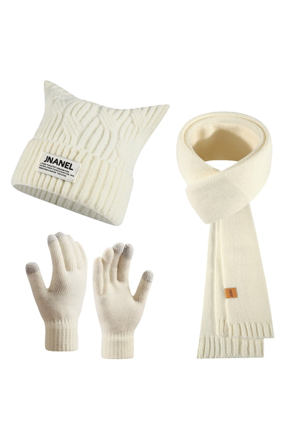 Wool Scarf for Women Fitness 3 in 1 Womens Scarves Knitted Winter Gloves Men Cold Weather Beanie White