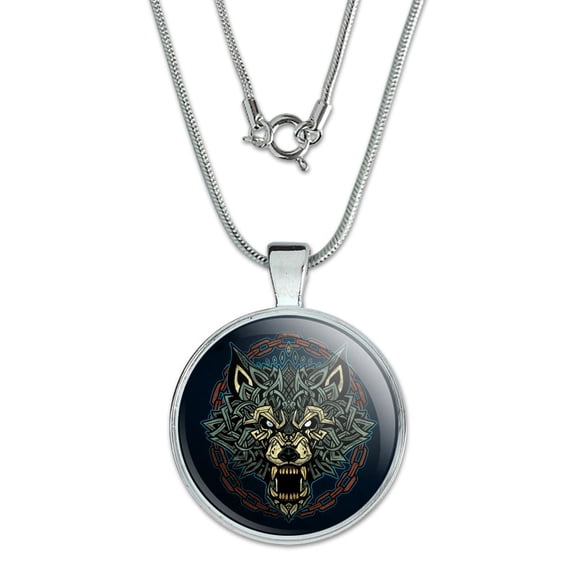 Fenrir Fierce Snarling Wolf In Chains Norse Mythology 1" Pendant with Sterling Silver Plated Chain