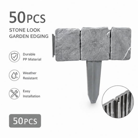 SUKVPSI 50pcs Garden Stone Style Edging Fence, Plastic Garden Fence, Plastic Landscape Edging Border Imitation Stone Fence