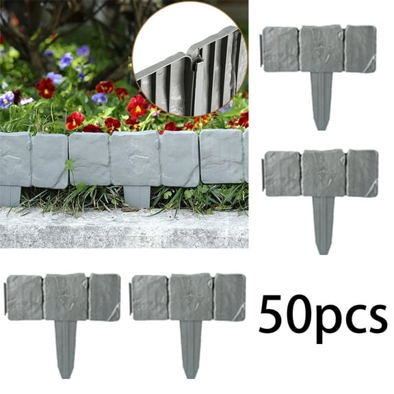 Fentaty 50pcs Garden Stone Style Edging Fence, Plastic Garden Fence, Plastic Landscape Edging Border Imitation Stone Fence
