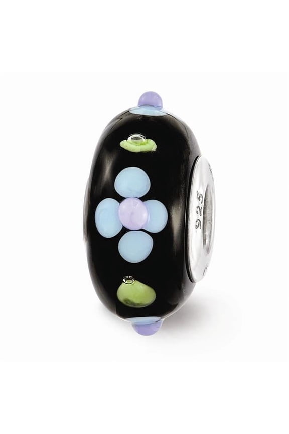 Fenton Black Blue Floral Glass & Sterling Silver Bead Charm