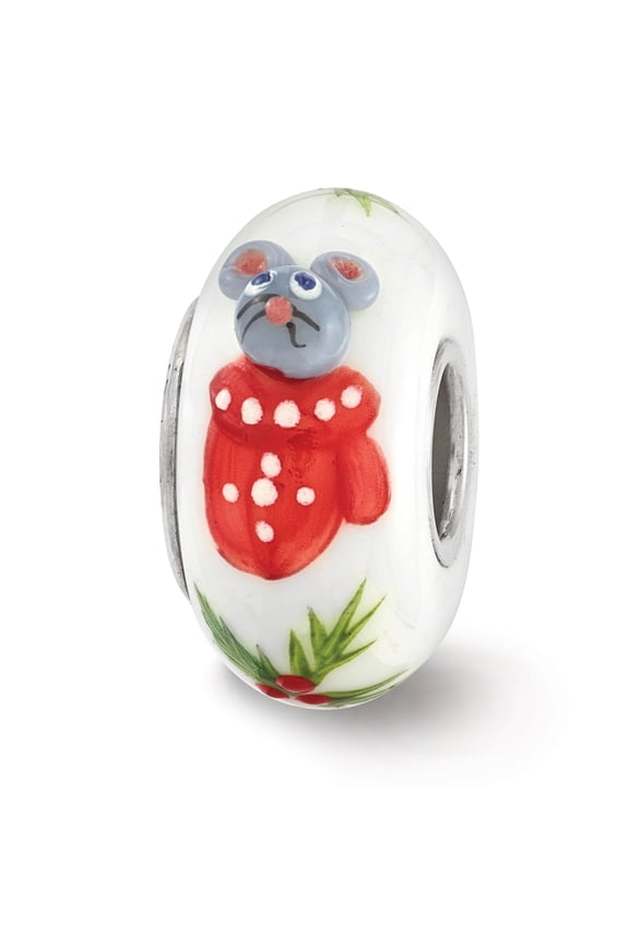 Finest Gold Sterling Silver Reflections Hand Painted Christmas Mouse Fenton Glass Bead