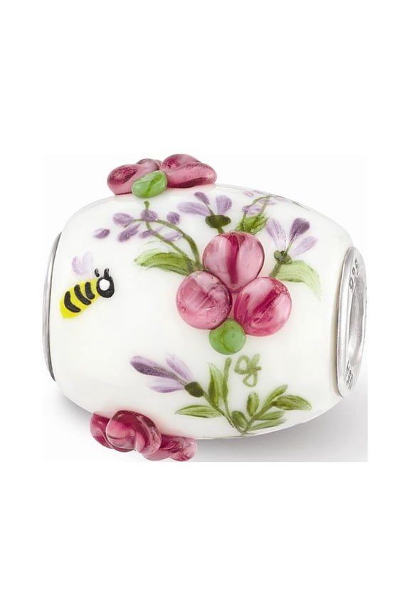 Finest Gold Sterling Silver White Hand Painted Floral Fenton Glass Bead