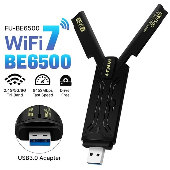 Fenvi Wifi 7 Wireless Network Card Plug and Play USB 3.0 Total Speed 6500Mbps Tri-Band Wireless Driver Included for Windows 10/11