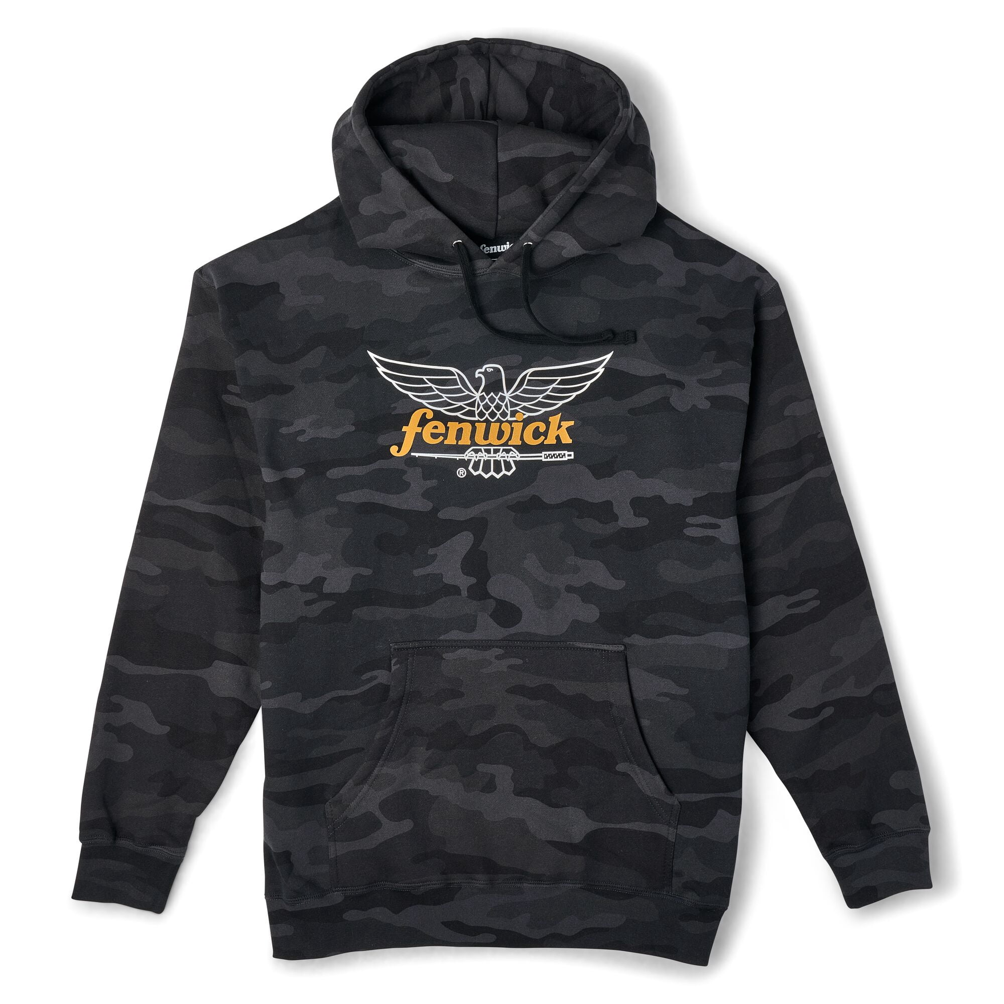 Fenwick Logo Camo Pullover Fleece Hoodie, Black Camo, Size XXL